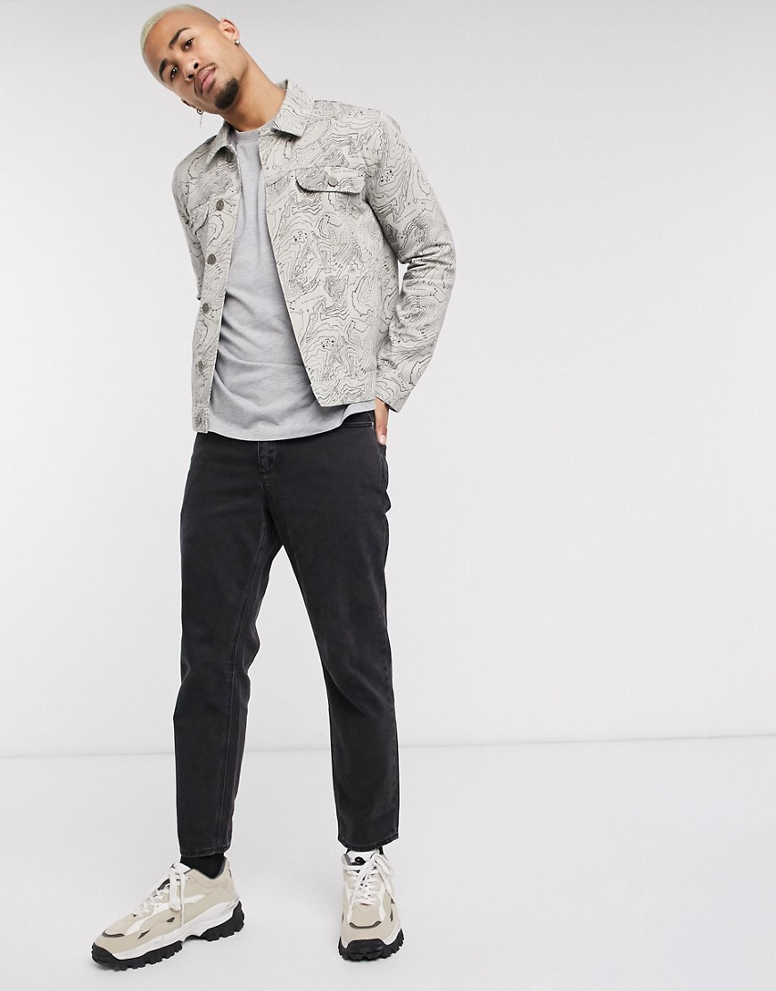 ASOS DESIGN denim jacket with all over print in stone-Beige