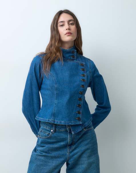 ASOS DESIGN denim jacket with asymmetric placket in midwash blue - view 1