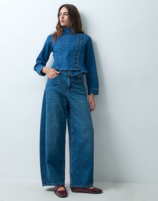 ASOS DESIGN denim jacket with asymmetric placket in midwash blue, 2 of 4