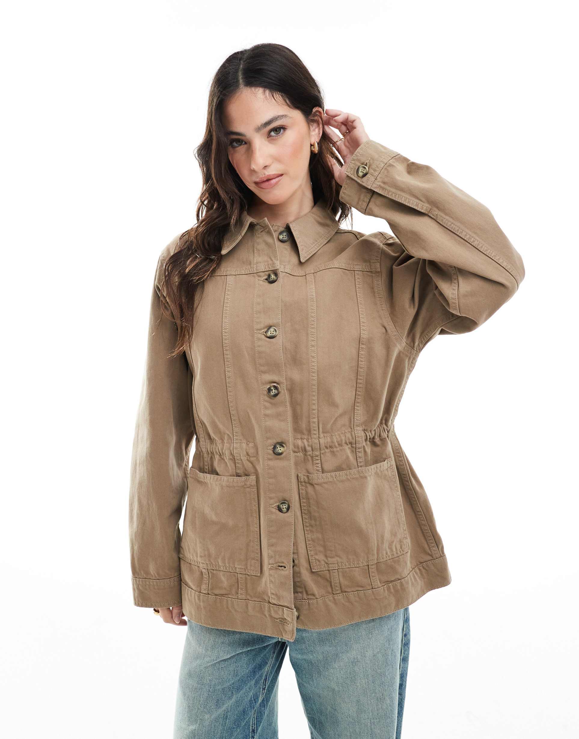 asos design denim jacket with belt in manuka