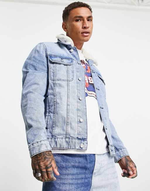 ASOS Denim Jacket With Patches & Borg Collar In Blue Wash