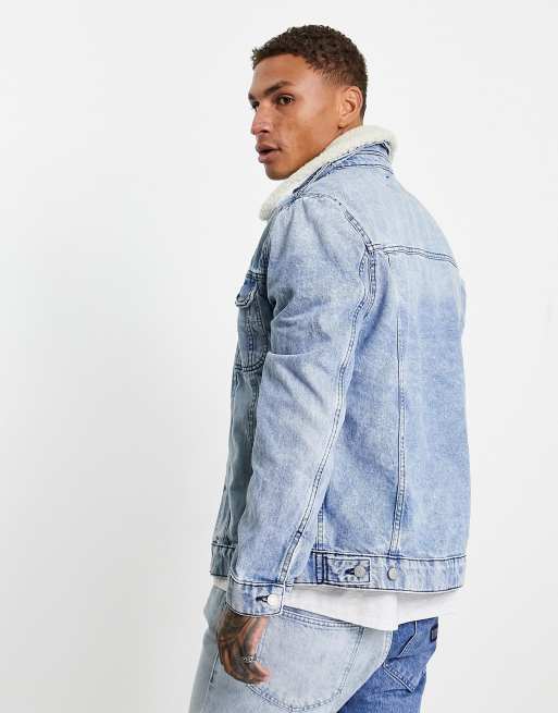 ASOS DESIGN denim jacket with borg collar in mid wash