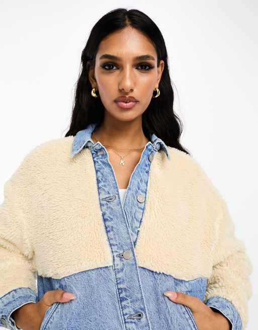 ASOS DESIGN denim jacket with borg fleece detail in washed blue, 2 of 4