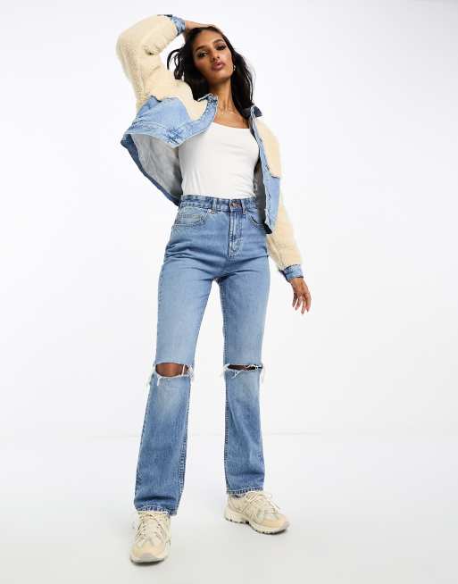 ASOS DESIGN denim jacket with borg fleece detail in washed blue, 3 of 4