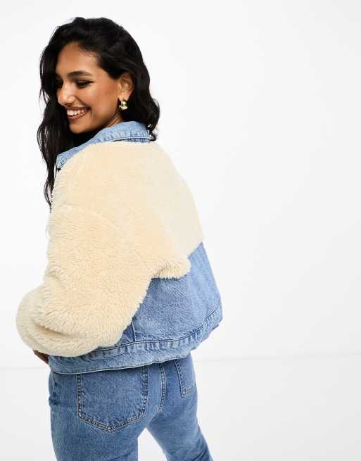 ASOS DESIGN denim jacket with borg fleece detail in washed blue