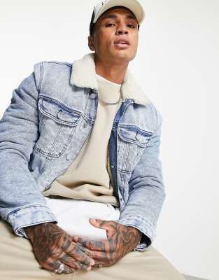 ASOS DESIGN denim jacket with borg lining in mid wash - ASOS Price Checker