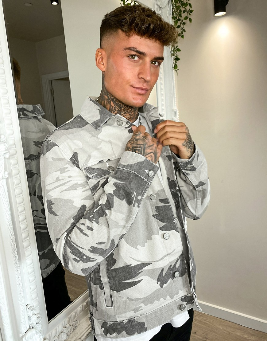 ASOS DESIGN denim jacket with camo print in gray