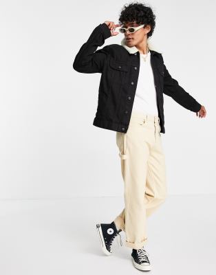 ASOS DESIGN denim jacket with detachable borg collar in black - view 1