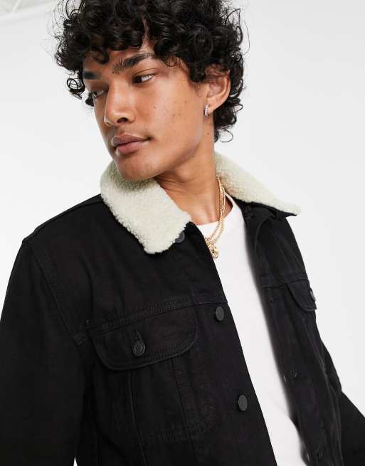 Black denim jacket borg collar mens sale