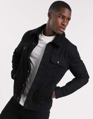 mens black denim jacket with borg collar