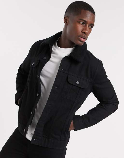 ASOS DESIGN denim jacket with detachable borg collar in black ASOS