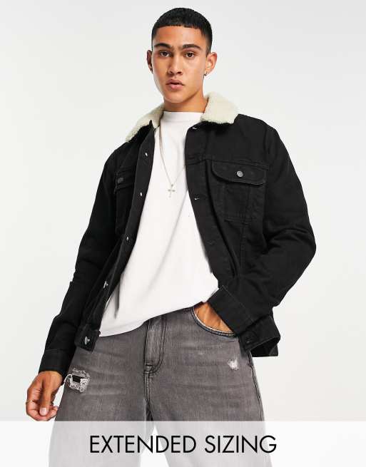 ASOS DESIGN denim jacket with detachable borg collar in black ASOS