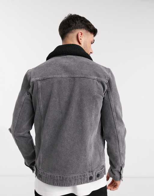 Grey denim outlet jacket borg collar