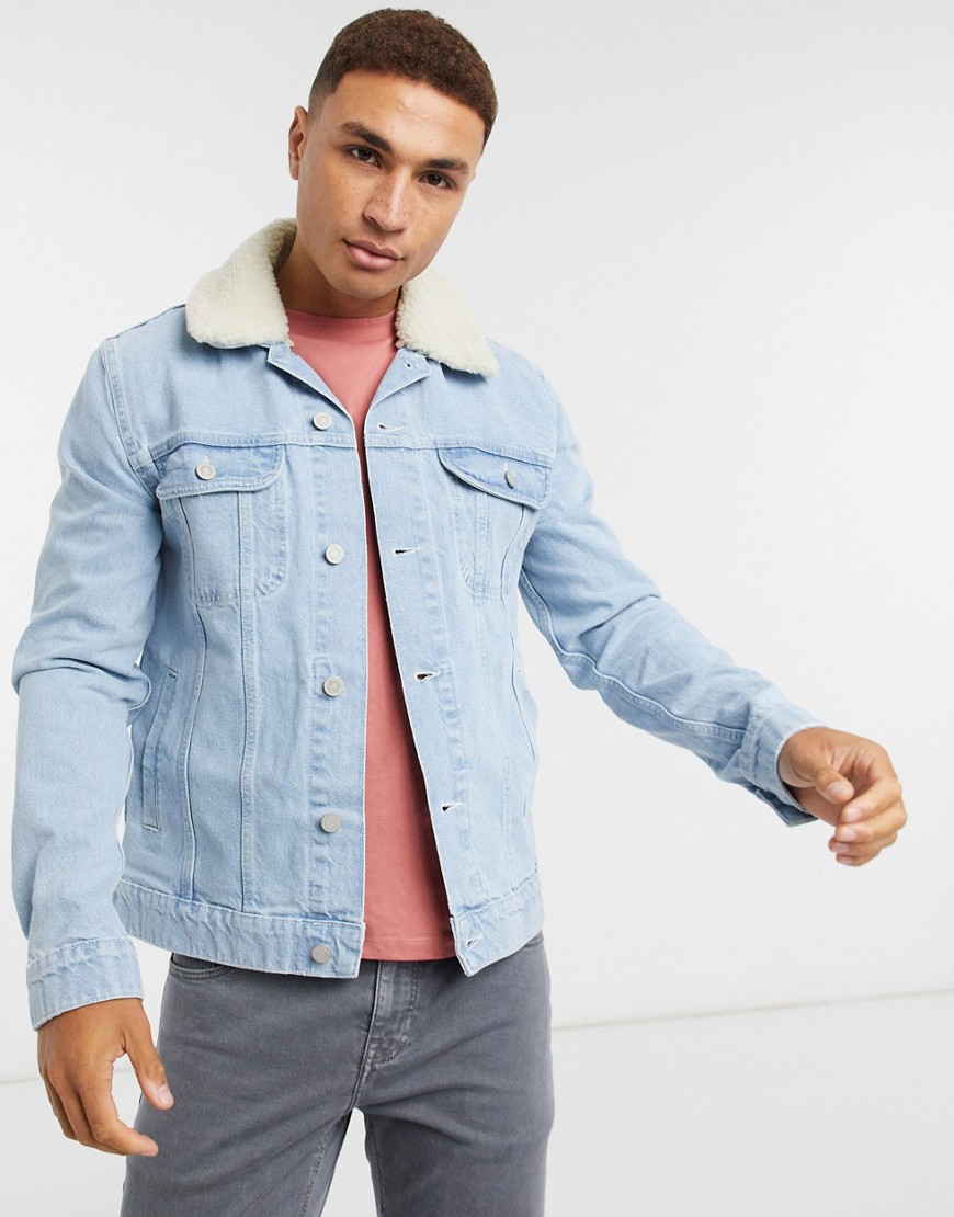 ASOS DESIGN denim jacket with detachable fleece collar in light wash-Blue