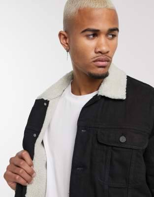 asos design borg lined denim jacket in black