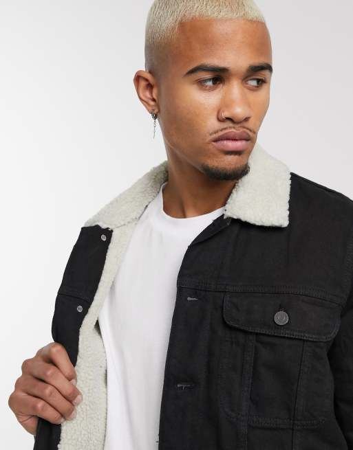 Asos design borg lined denim jacket in on sale black