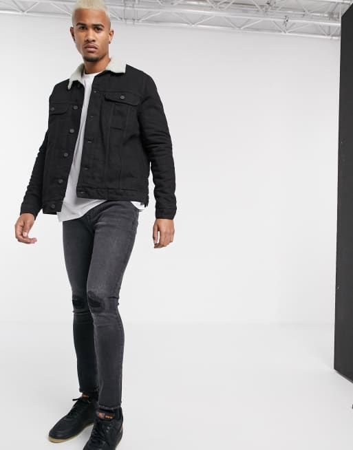 Asos design borg lined denim jacket hot sale in black