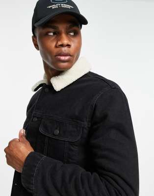 asos design borg lined denim jacket in black