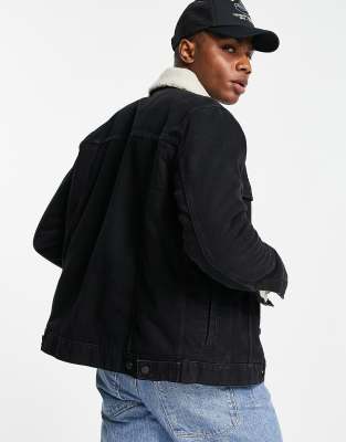 asos design borg lined denim jacket in black