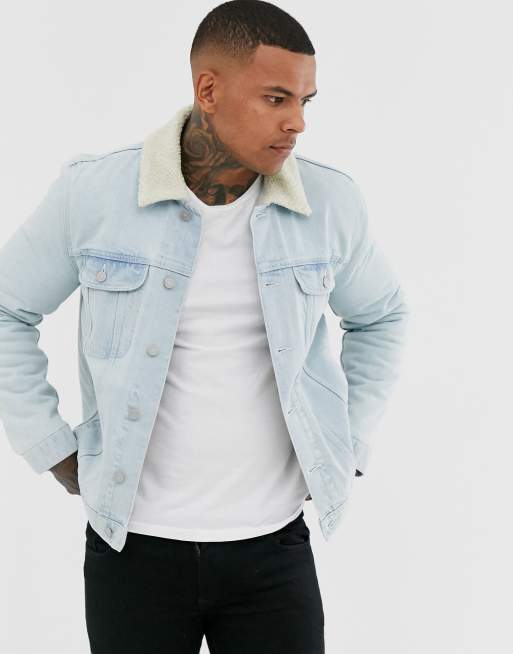 ASOS DESIGN denim jacket with ecru teddy lining in light wash blue | ASOS