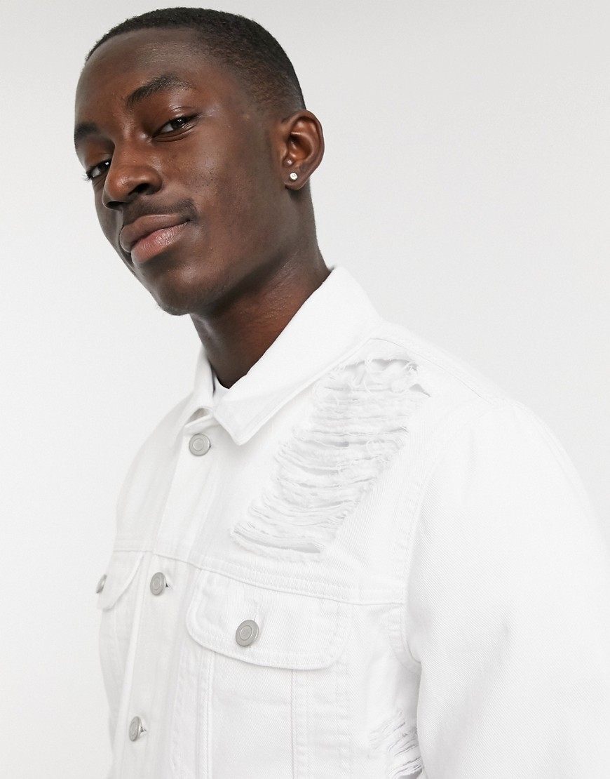 ASOS DESIGN denim jacket with extreme rips in white