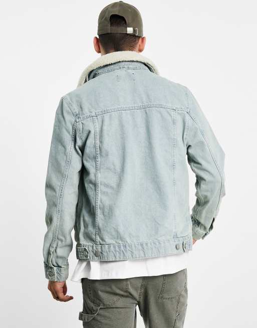 ASOS Denim Jacket With Patches & Fleece Collar In Blue Wash