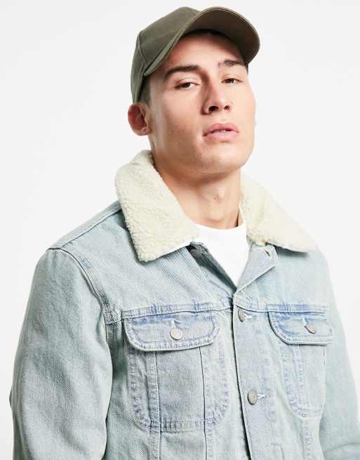 ASOS DESIGN denim jacket with fleece collar in light wash