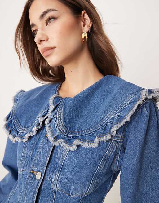 ASOS DESIGN denim jacket with frill collar and seam detail ASOS DESIGN denim jacket with frill collar and seam detail