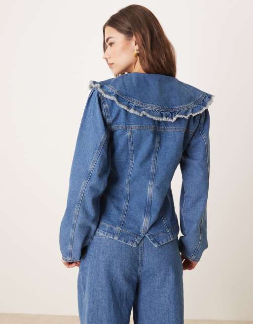 ASOS DESIGN denim jacket with frill collar and seam detail