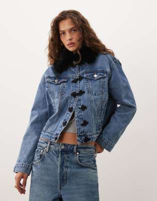 Asos Design Denim Jacket With Frogging Detail And Fur Collar In Blue
