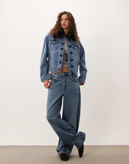 ASOS DESIGN denim jacket with frogging detail and fur collar in mid blue, 2 of 4