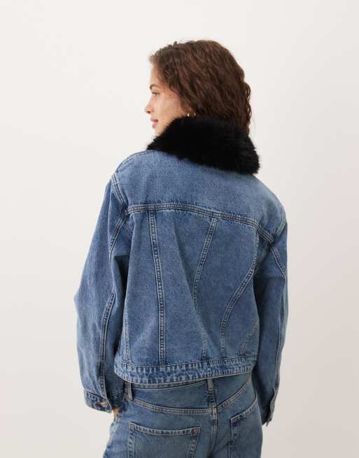 ASOS DESIGN denim jacket with frogging detail and fur collar in mid blue, 4 of 4