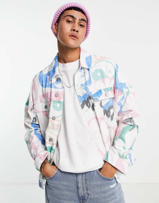 ASOS DESIGN denim jacket with graffiti print in white