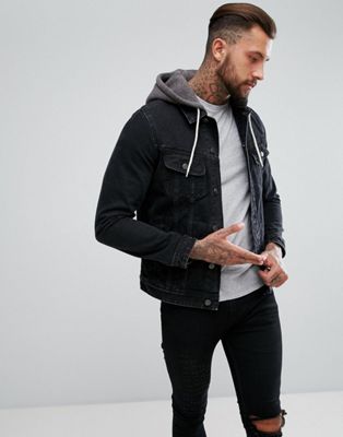 grey hoodie with denim jacket