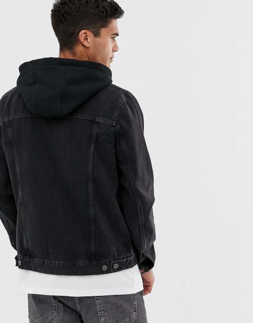 Black jean jacket online with hoodie