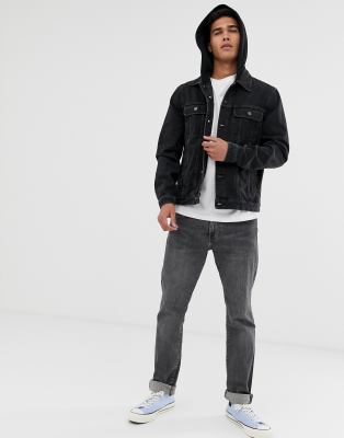 black denim with grey hooded jacket