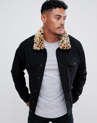 ASOS DESIGN denim jacket with leopard 