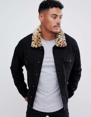 Black denim jacket with fur collar sale