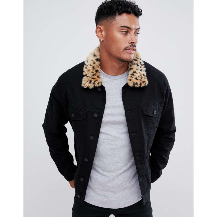 Black denim jacket 2025 with fur collar mens