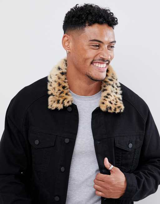 ASOS DESIGN denim jacket with leopard print faux fur collar