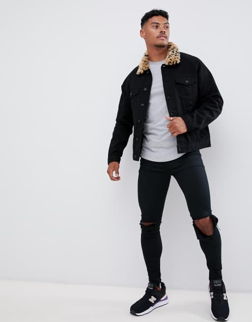 Black denim jacket 2024 with leopard collar