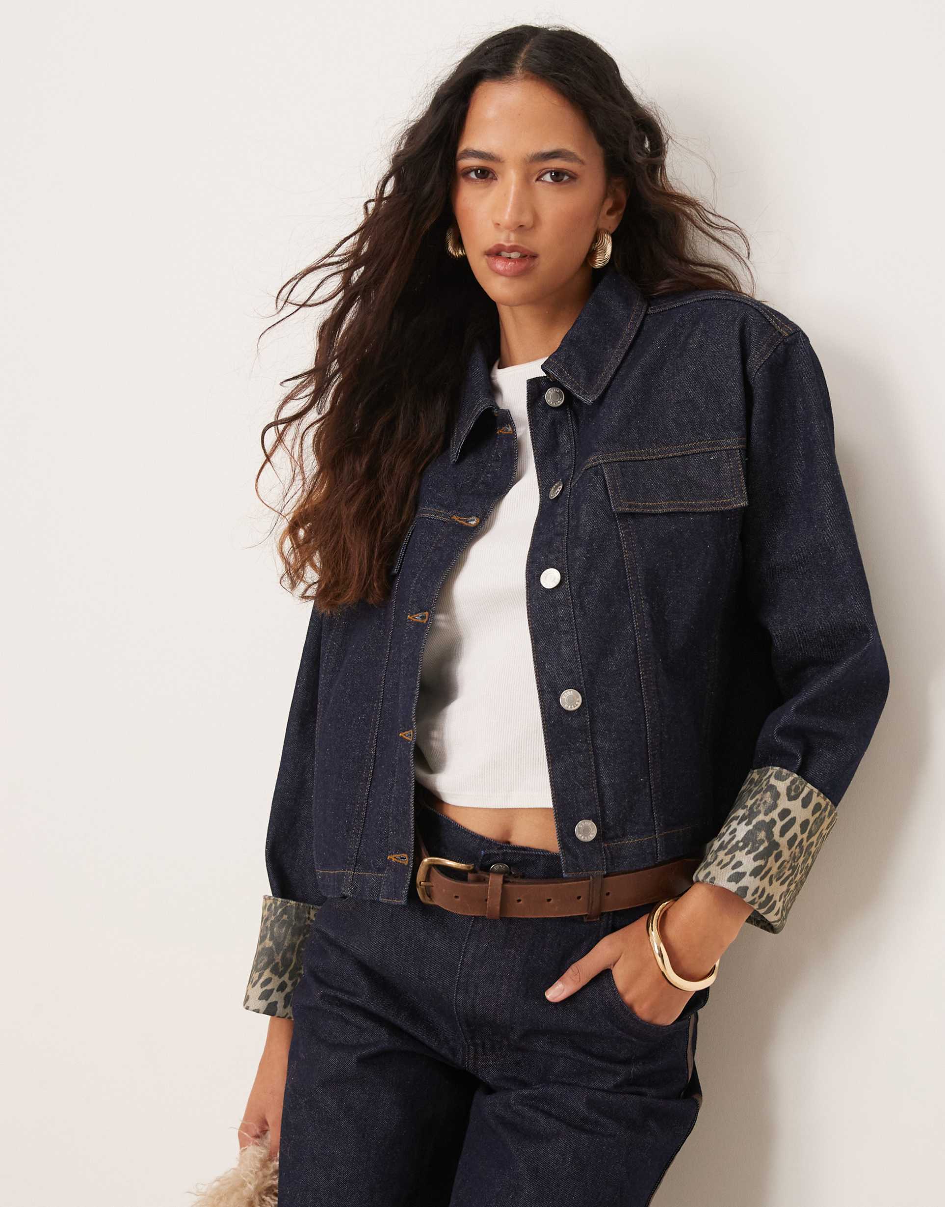 asos design denim jacket with leopard print turn up cuffs in indigo
