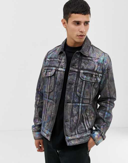 ASOS DESIGN denim jacket with multi coloured foil print