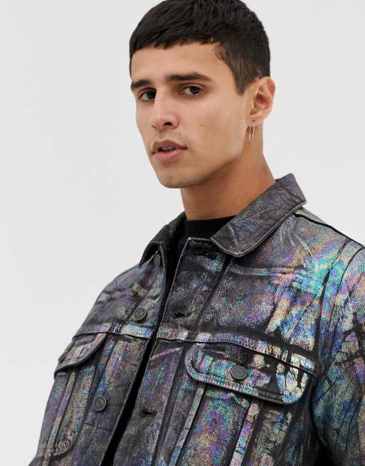 ASOS DESIGN denim jacket with multi coloured foil print | ASOS
