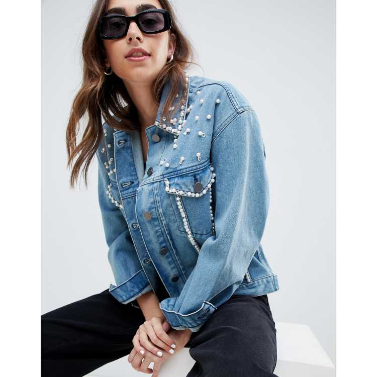 Womens denim jacket deals with pearls