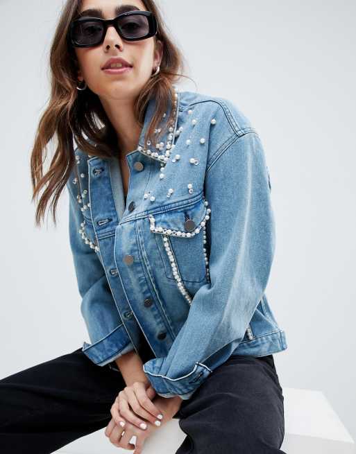 Denim jacket outlet with pearl trim