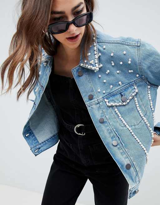 Denim jacket with pearls hotsell on sleeves