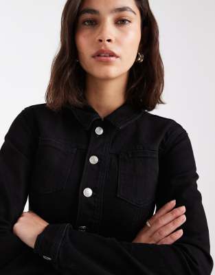Asos Design Denim Jacket With Pocket Detail In Black