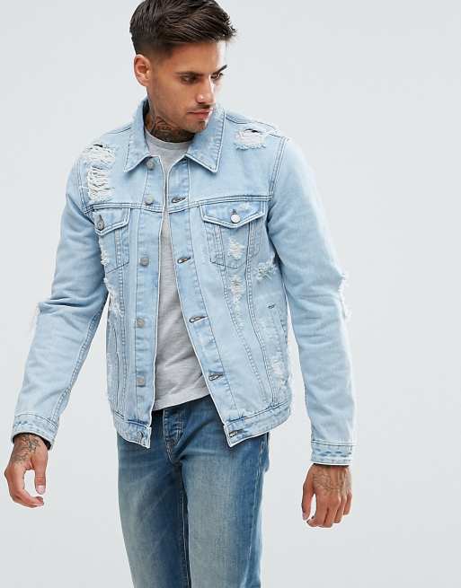 Mens light wash store distressed denim jacket