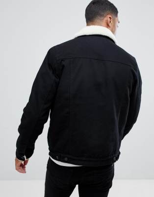 asos design borg lined denim jacket in black